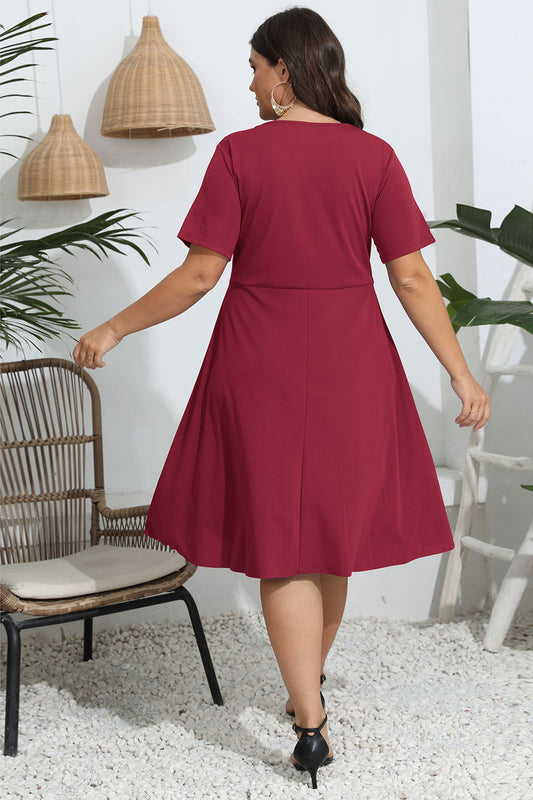 Plus Size Round Neck Openwork Dress Deep Red / L 