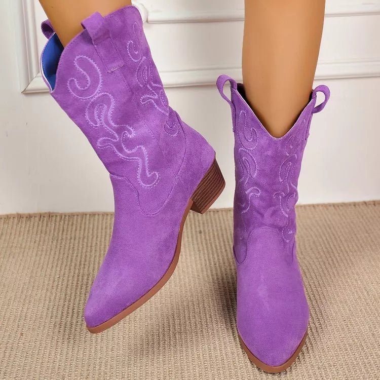 Point Toe Block Heels Boots Purple / 36 