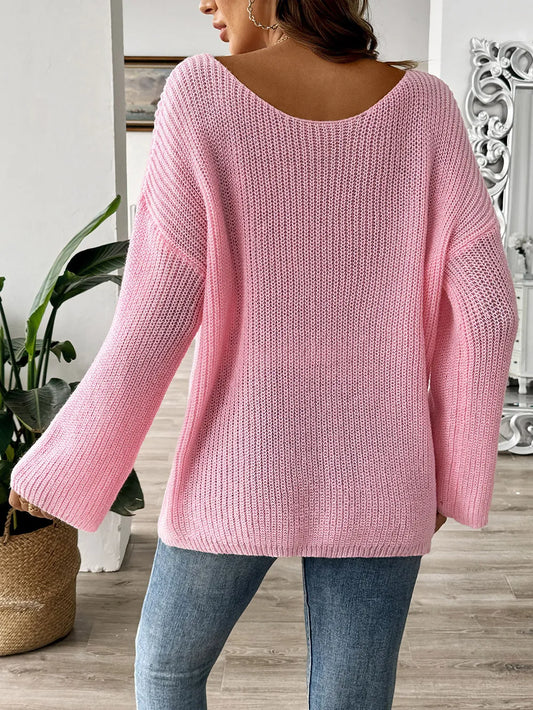 Bow Boat Neck Long Sleeve Sweater Blush Pink / S 
