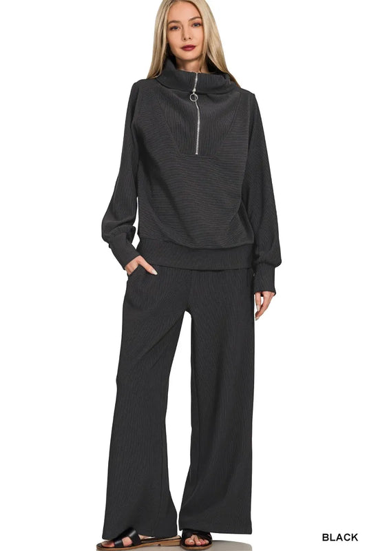 Zenana Ribbed High Neck Half Zip Pullover & Pants Set BLACK / S 