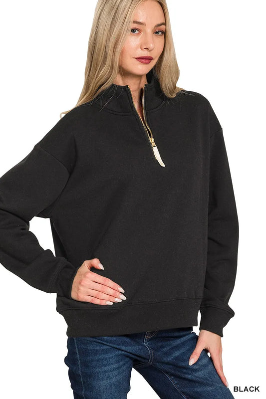 Zenana Fleece Half Zip Sweatshirt BLACK / S 
