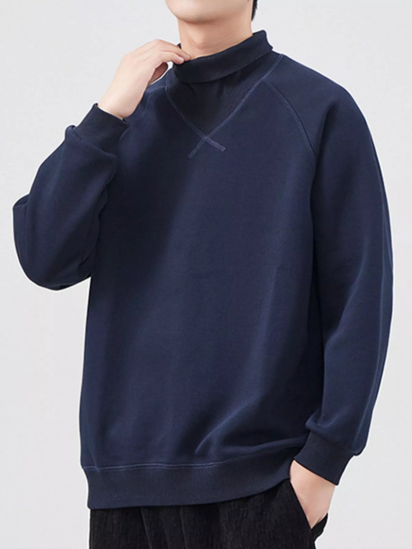 Men's Plus Size Turtleneck Long Sleeve Sweatshirt Deep Navy Blue / M 