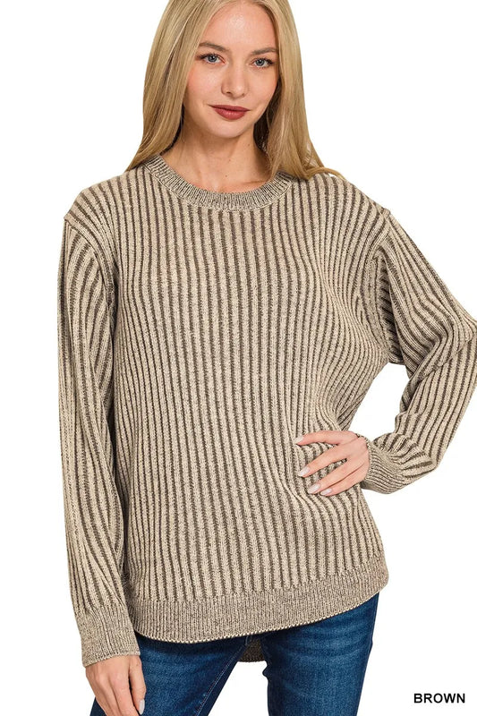 Zenana Curved Hem Two-Tone Ribbed Sweater BROWN / S 