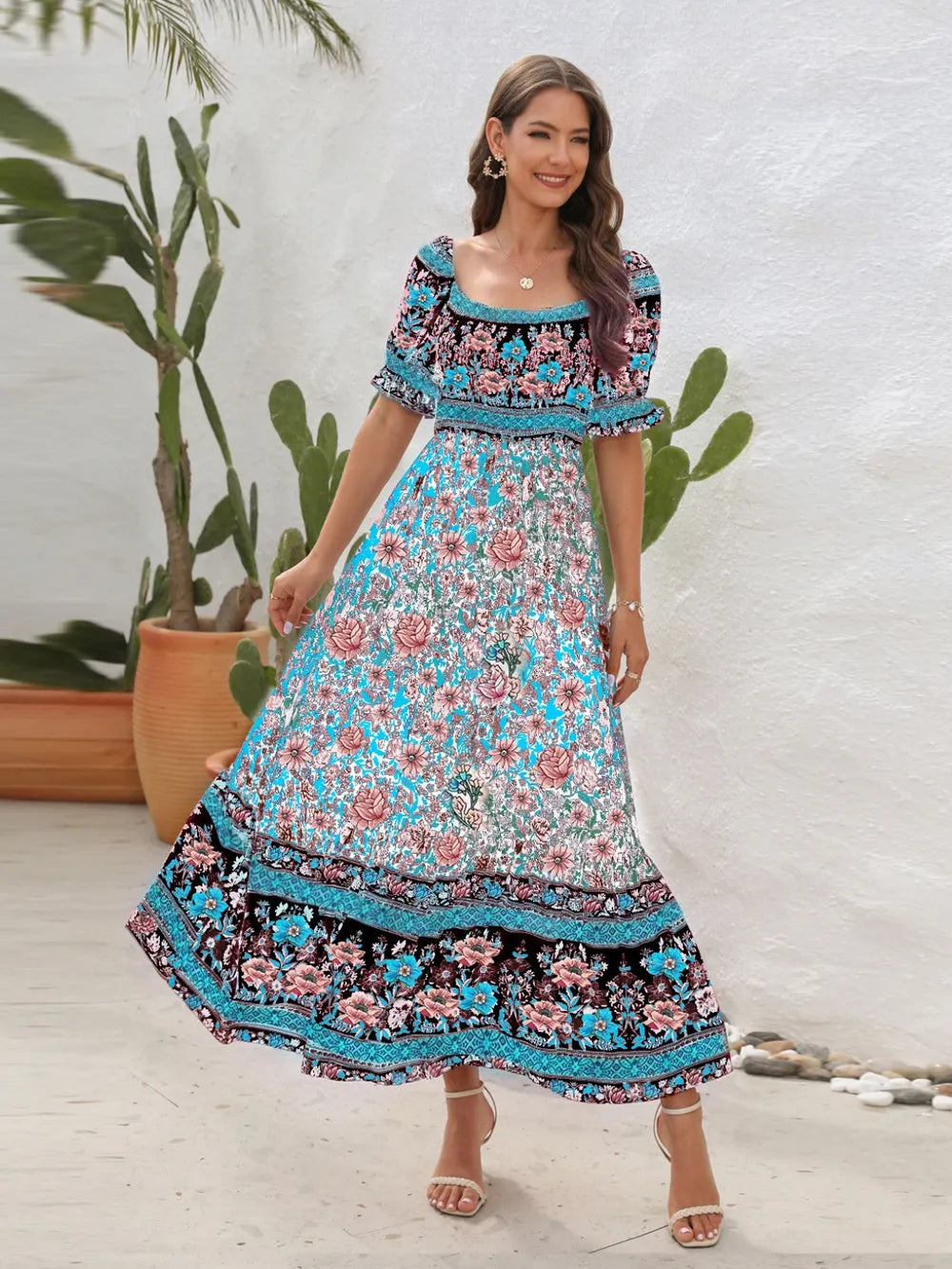 Floral Flounce Sleeve Midi Dress Caramel / S 