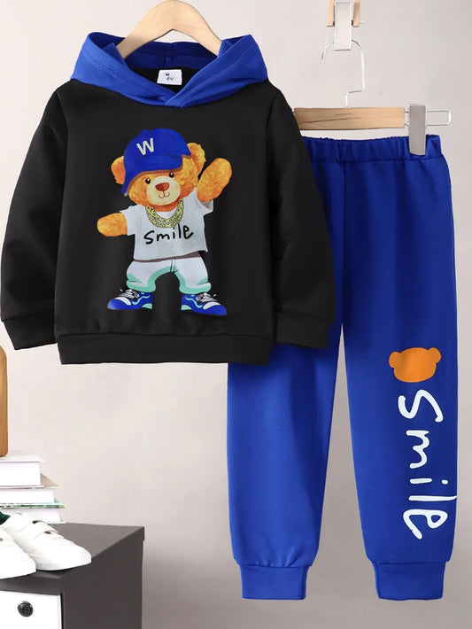 Children's Cartoon Graphic Hoodie and Pants Set Black/Blue / 4Y 