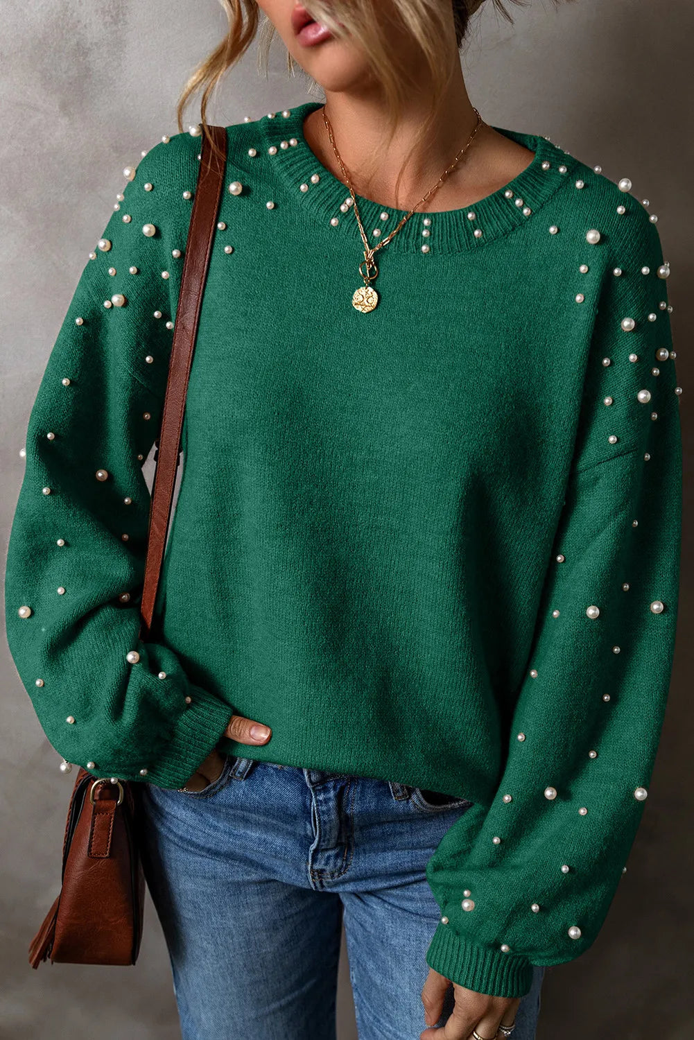 Pearl Detail Round Neck Long Sleeve Sweater Black / S 