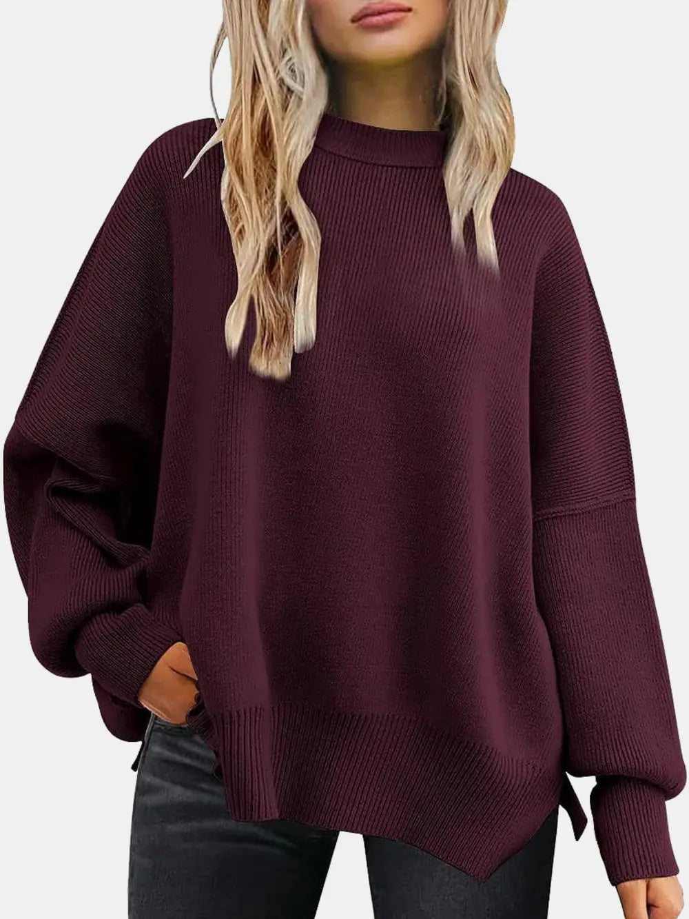 Round Neck Drop Shoulder Slit Sweater Sage / S 