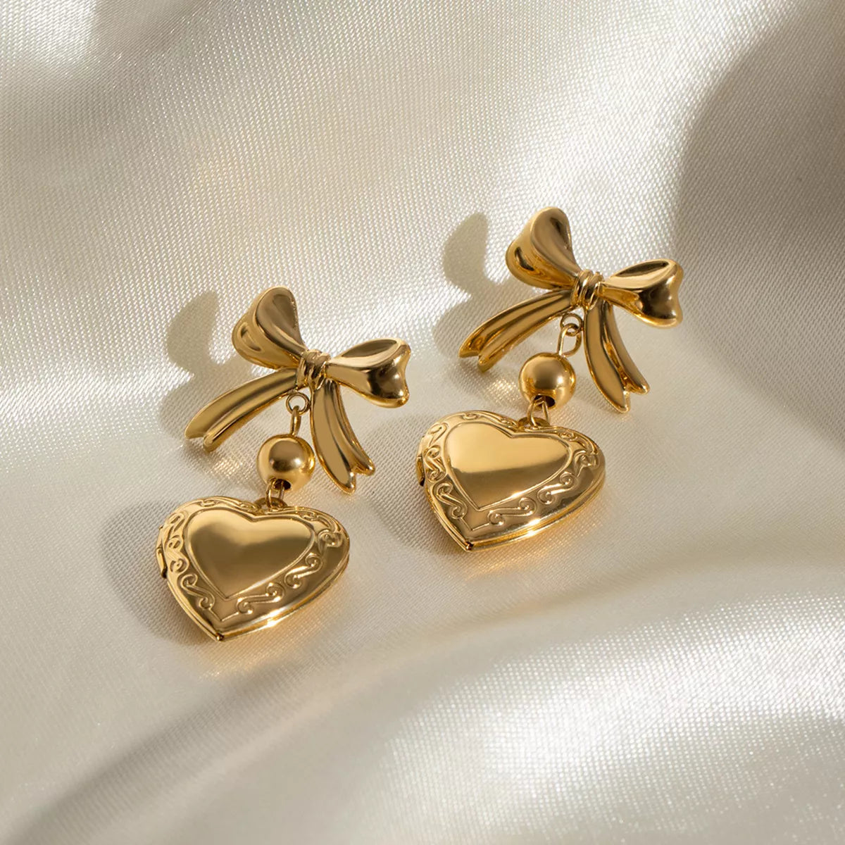 18K Gold-Plated Bow Heart Drop Earrings Gold / One Size 