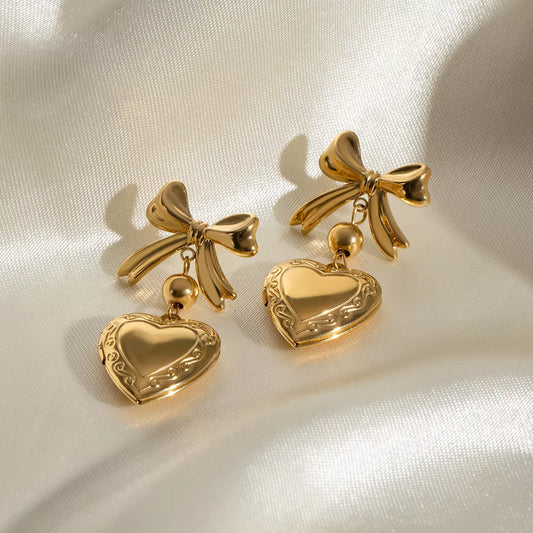 18K Gold-Plated Bow Heart Drop Earrings Gold / One Size 