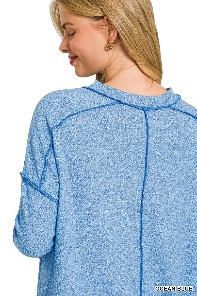 Zenana Full Size Melange Hacci Exposed Seam Hi-low Tee Plus Size OCEAN BLUE / S/M 