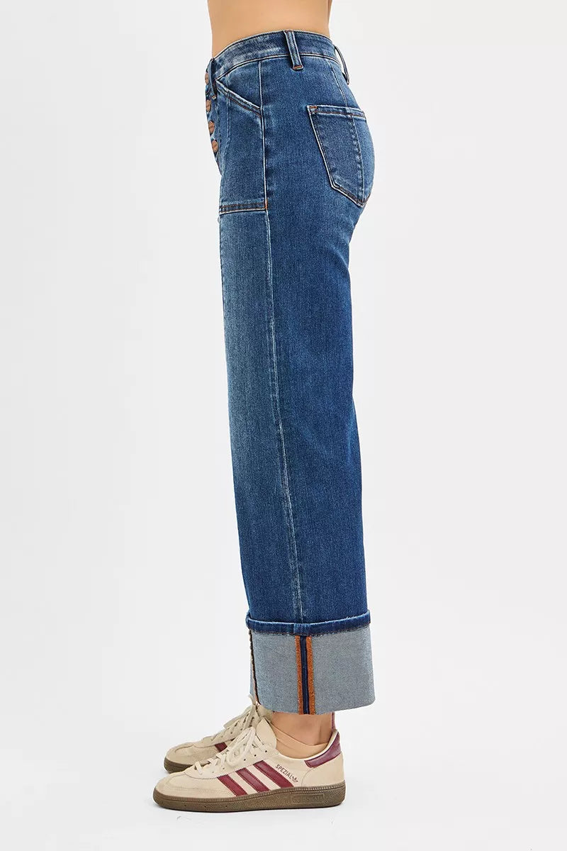 RISEN Full Size High Rise Crop Wide Straight Cuffed Jeans Plus Size DARK / 0 