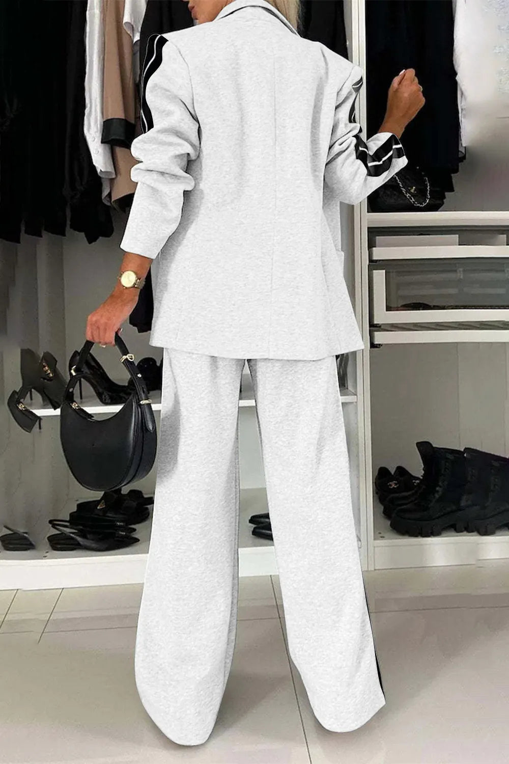 Full Size Contrast Lapel Collar Top and Pants Set Light Gray / S 