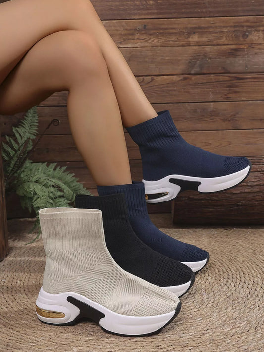 Mesh Round Toe Platform Boots Navy / 35 