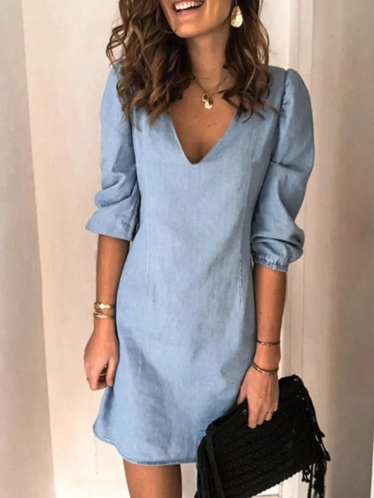 Full Size V-Neck Half Sleeve Dress Light Blue / S 