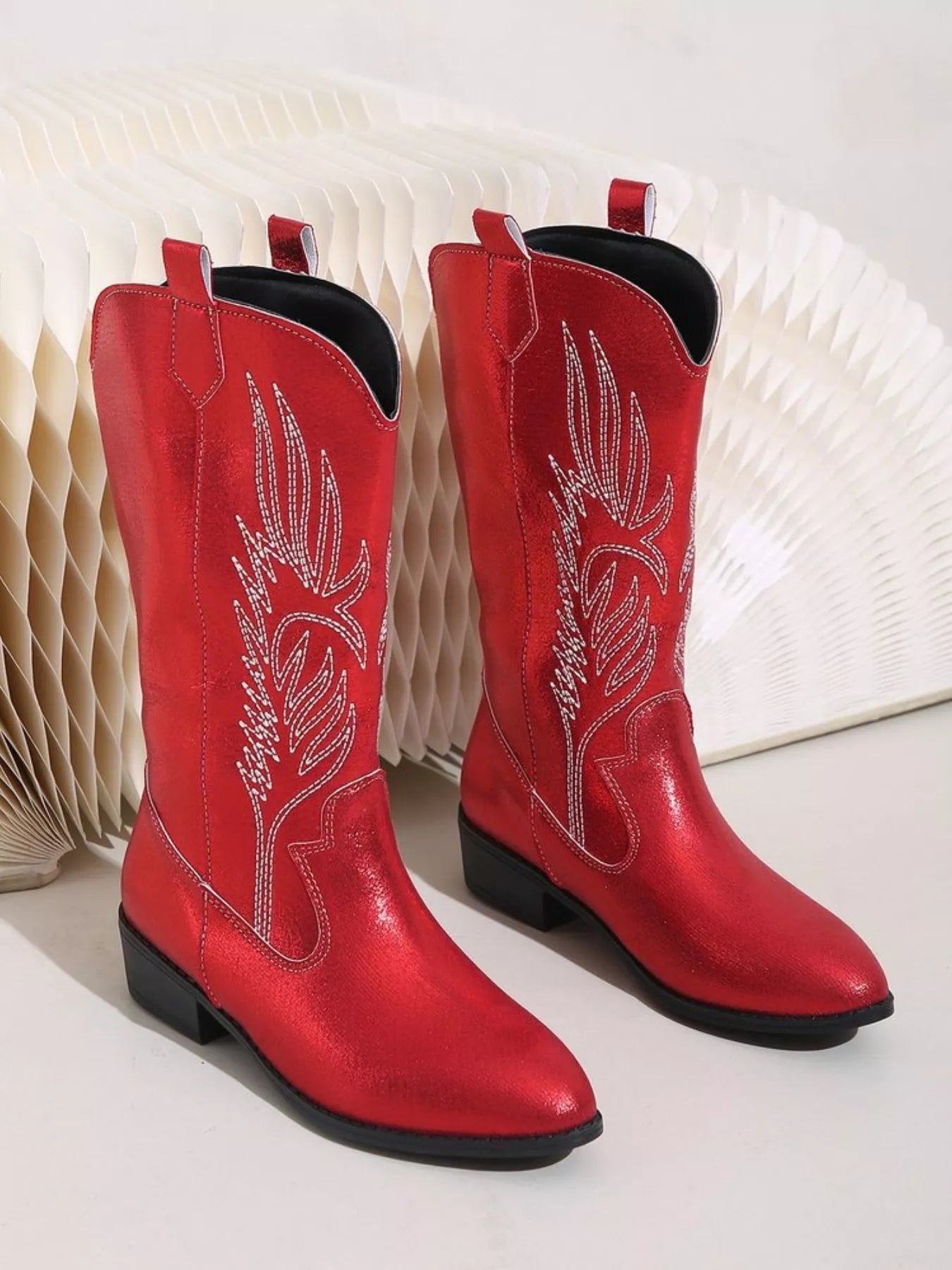 Embroidered Block Heels Boots Red / 36 