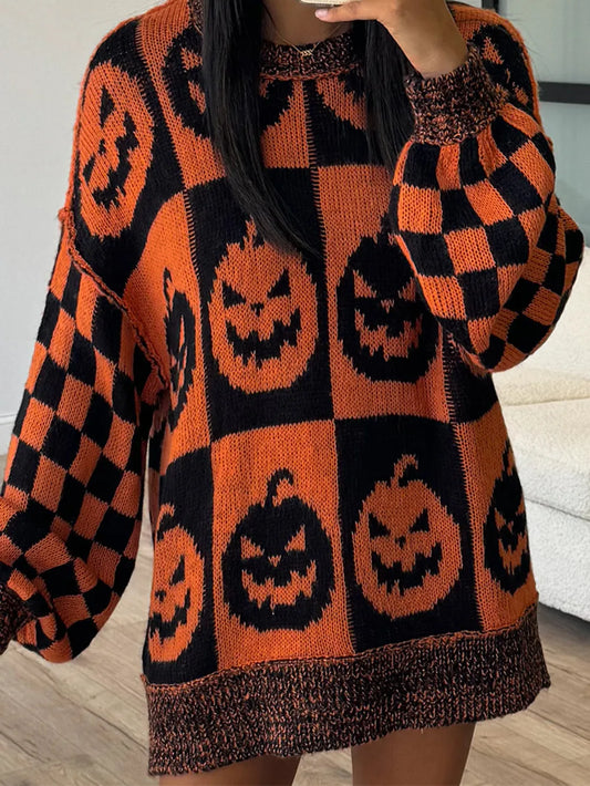 Exposed Seam Pumpkin Round Neck Long Sleeve Sweater Ochre / S 
