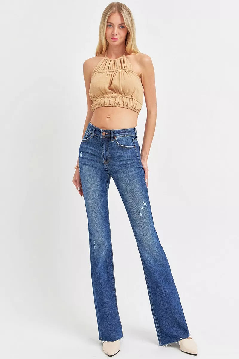 RISEN Full Size Distressed Mid Rise Flare Jeans Plus Size DARK / 0 