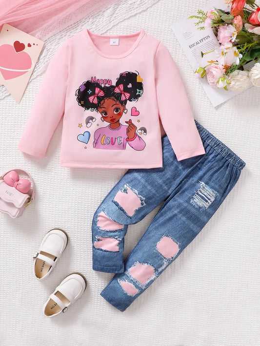 Children's Cartoon Graphic Top and Pants Set Blush Pink / 4Y 