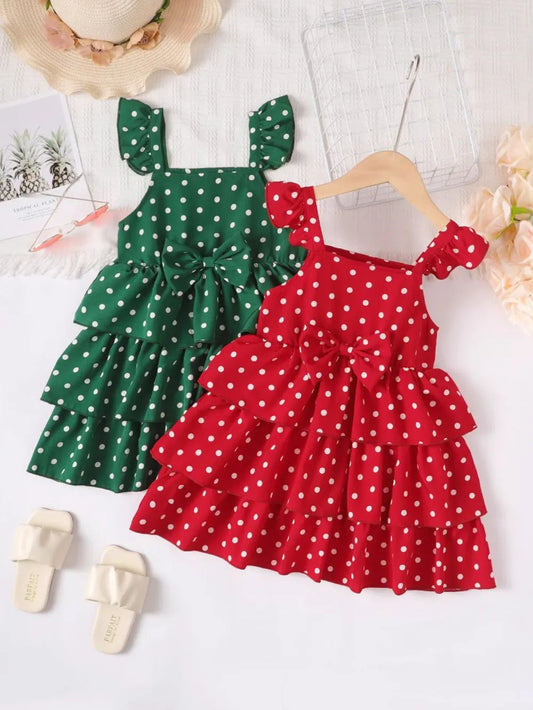 Bow Polka Dot Square Neck Layered Dress Scarlet / 18-24M 