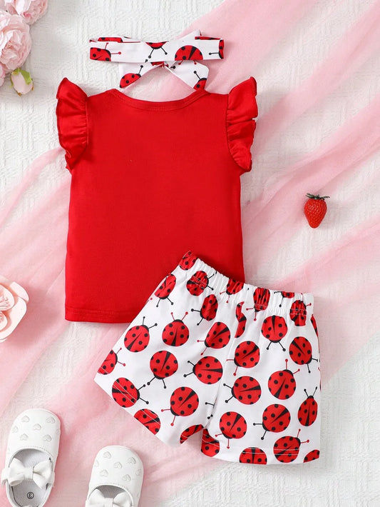 Children's Headband, Round Neck Ruffle Sleeve Top and Pants Set Red / 6-9M 
