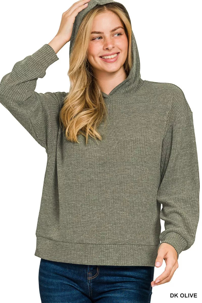 Zenana Ribbed Long Sleeve Hoodie DK OLIVE / S 