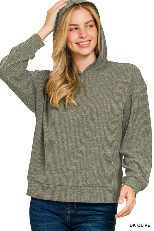 Zenana Ribbed Long Sleeve Hoodie DK OLIVE / S 