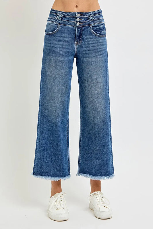 RISEN High Rise Crop Wide Leg Jeans with Wide Band Detail DARK / 0 