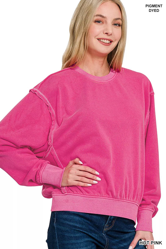 Zenana Soft Fleece Pigment Dye Round Neck Pullover HOT PINK / S 