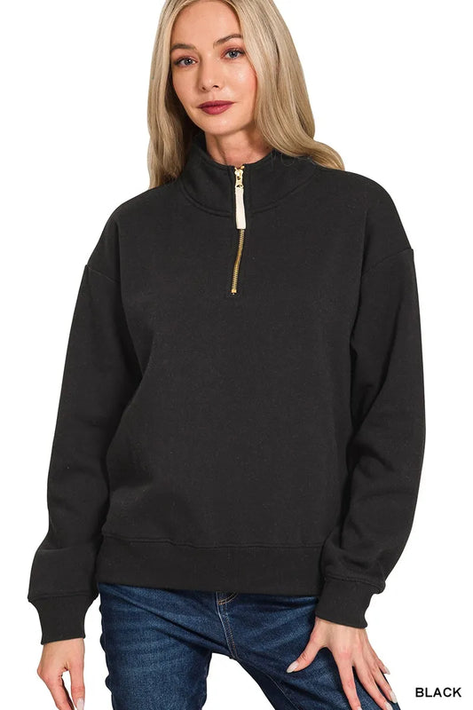 Zenana Fleece Half Zip Sweatshirt BLACK / S 