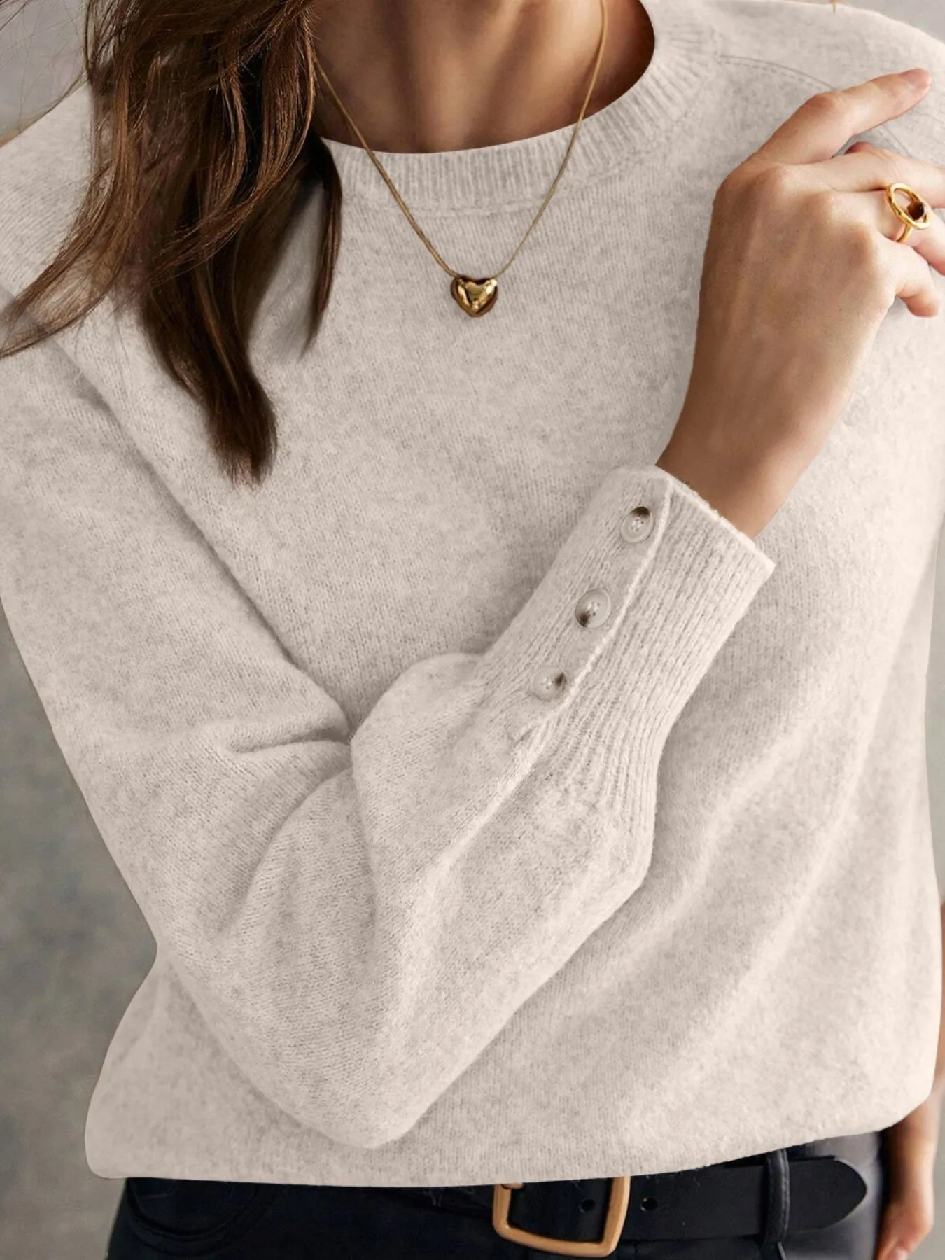 Crew Neck Long Sleeve Sweater Khaki / S 