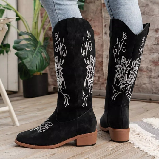 Embroidered Block Heels Boots White / 36 