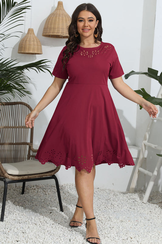 Plus Size Round Neck Openwork Dress Deep Red / L 