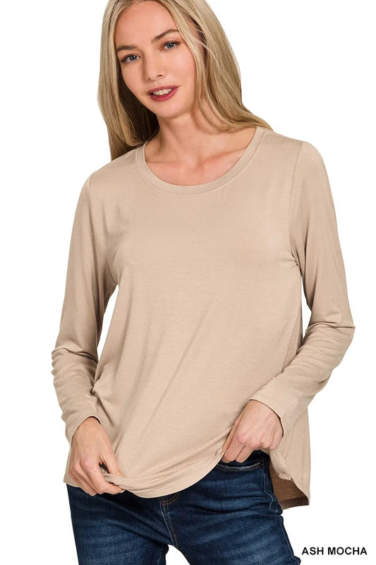 Zenana Flowy Round Hem Rayon Long Sleeve Top ASH MOCHA / S 