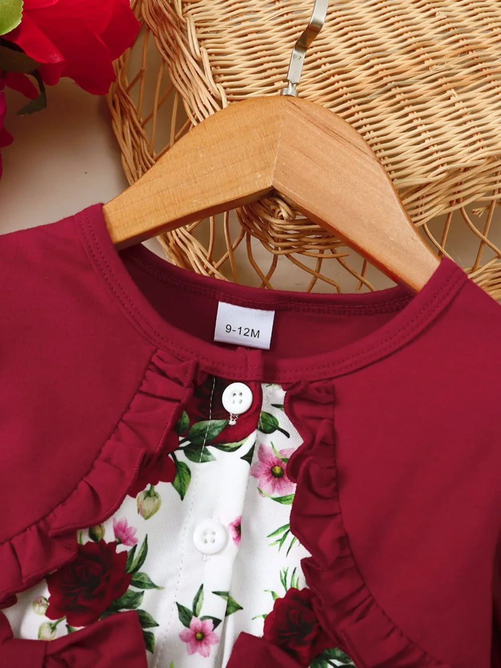 Frill Floral Round Neck Flounce Sleeve Dress Deep Red / 6-9M 