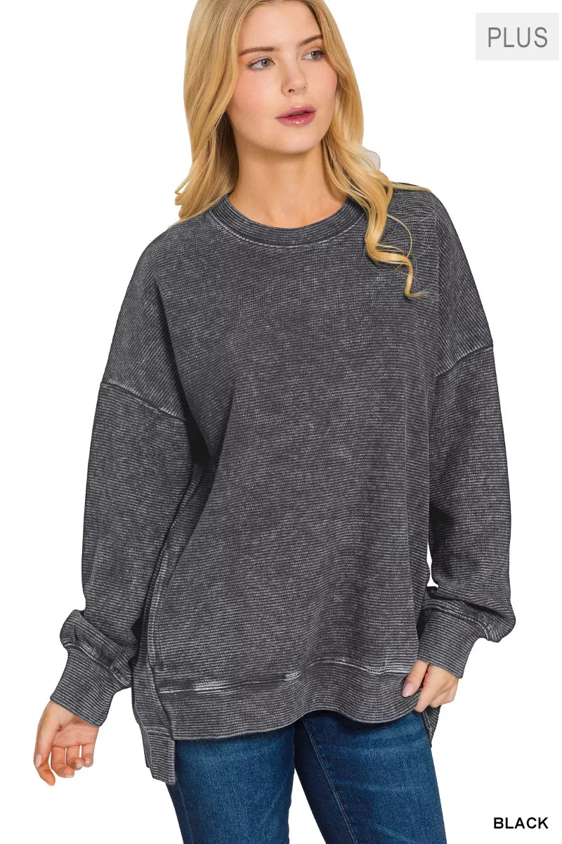 Zenana Full Size Acid Washed Double Ribbed Hi-low Sweatshirt Plus Size BLACK / S 