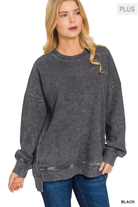 Zenana Full Size Acid Washed Double Ribbed Hi-low Sweatshirt Plus Size BLACK / S 