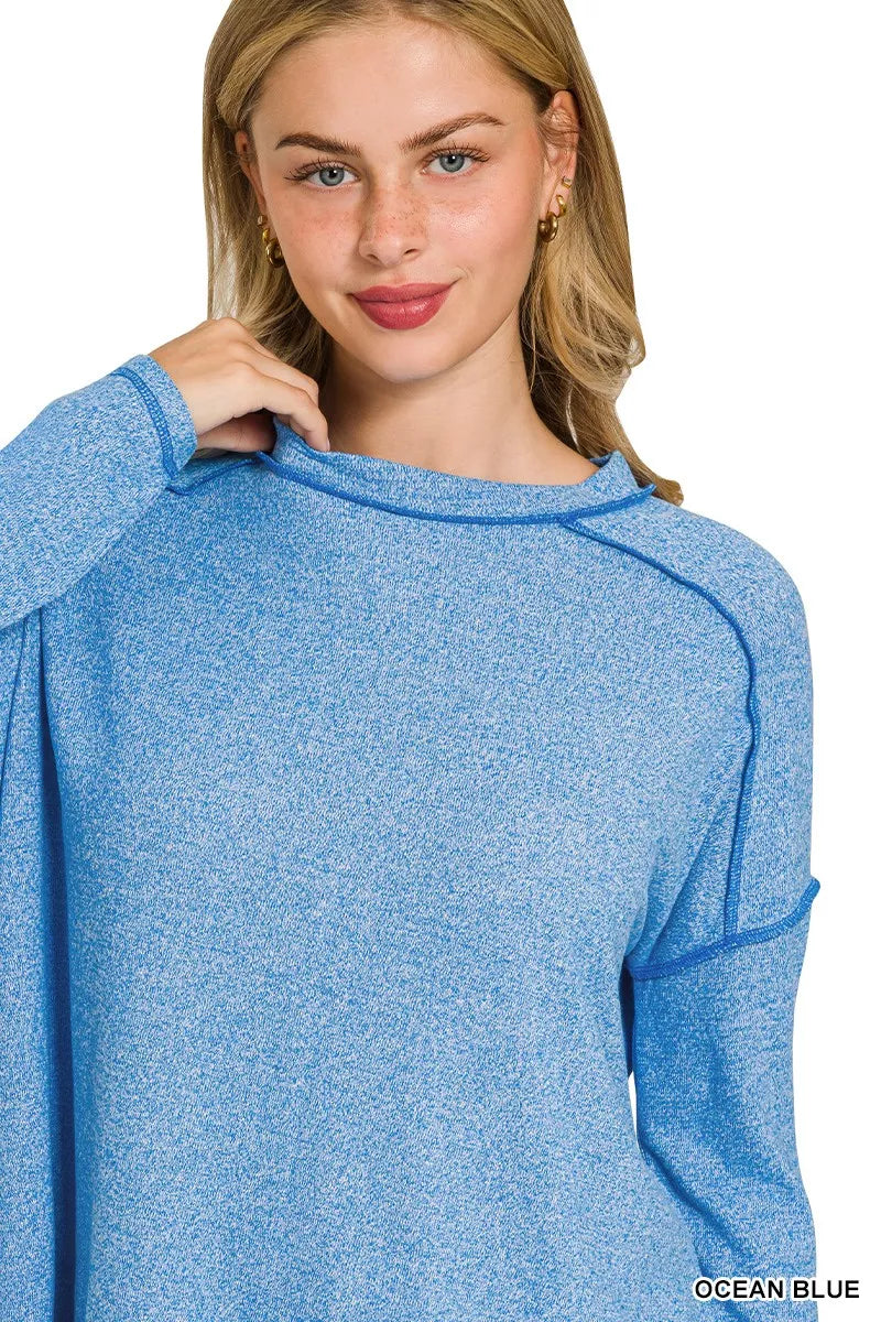Zenana Full Size Melange Hacci Exposed Seam Hi-low Tee Plus Size OCEAN BLUE / S/M 