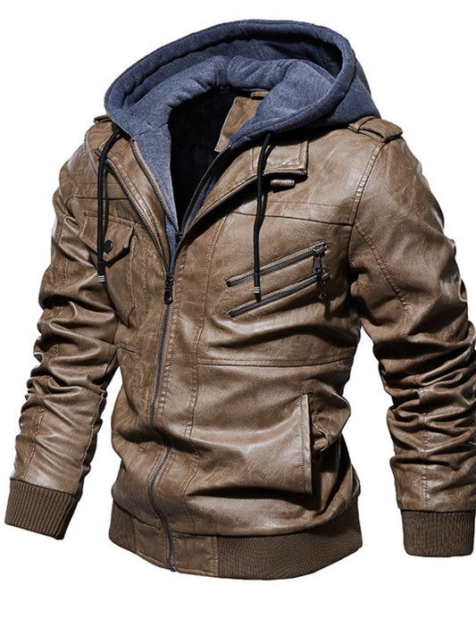 Men's Plus Size Zip Up Drawstring Hooded Jacket Khaki / M 