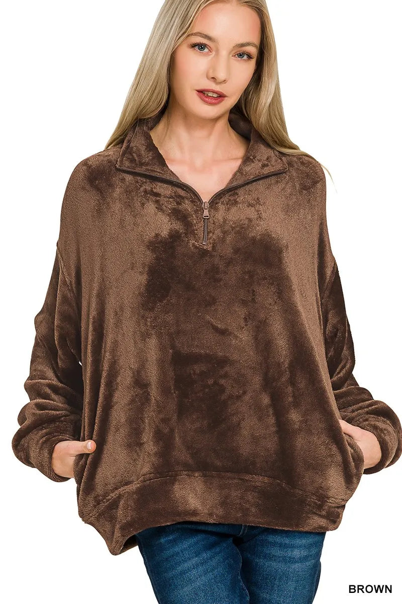 Zenana Faux Fur Half Zip Pocket Pullover BROWN / S 