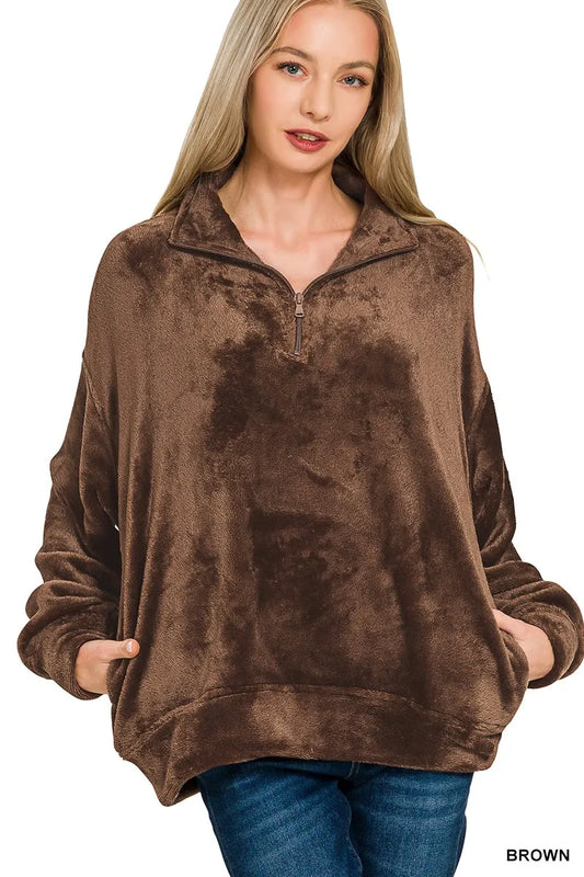 Zenana Faux Fur Half Zip Pocket Pullover BROWN / S 