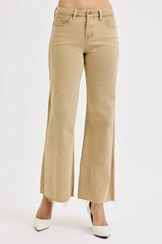 RISEN Full Size Raw Hem Wide Leg Jeans Plus Size Tan / 0(24) 