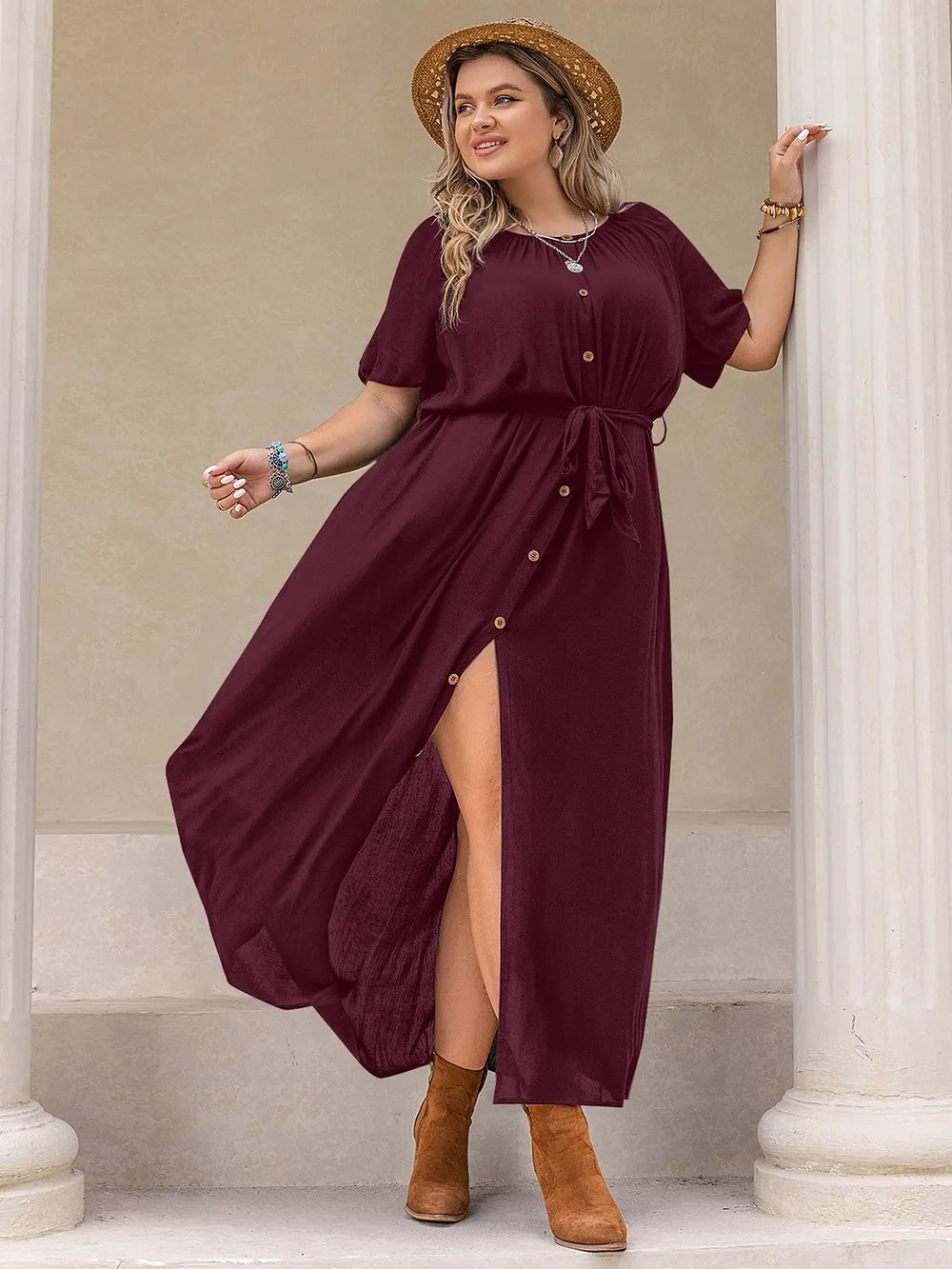 Plus Size Round Neck Half Sleeve Dress Burgundy / 0XL 