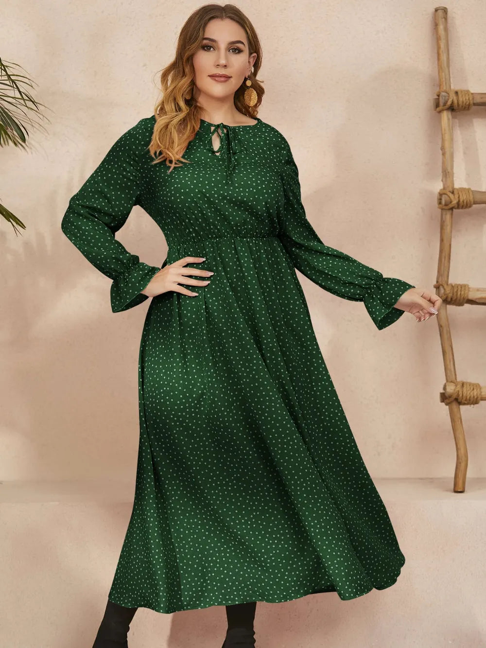 Honey Plus Size Ruffled Polka Dot Long Sleeve Midi Dress Navy / 0XL 
