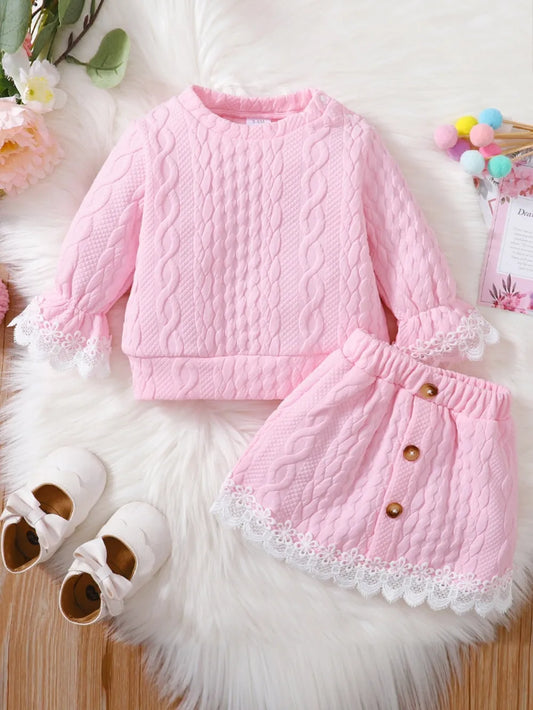 Children's Lace Detail Top and Skirt Set Pink / 3-6M 