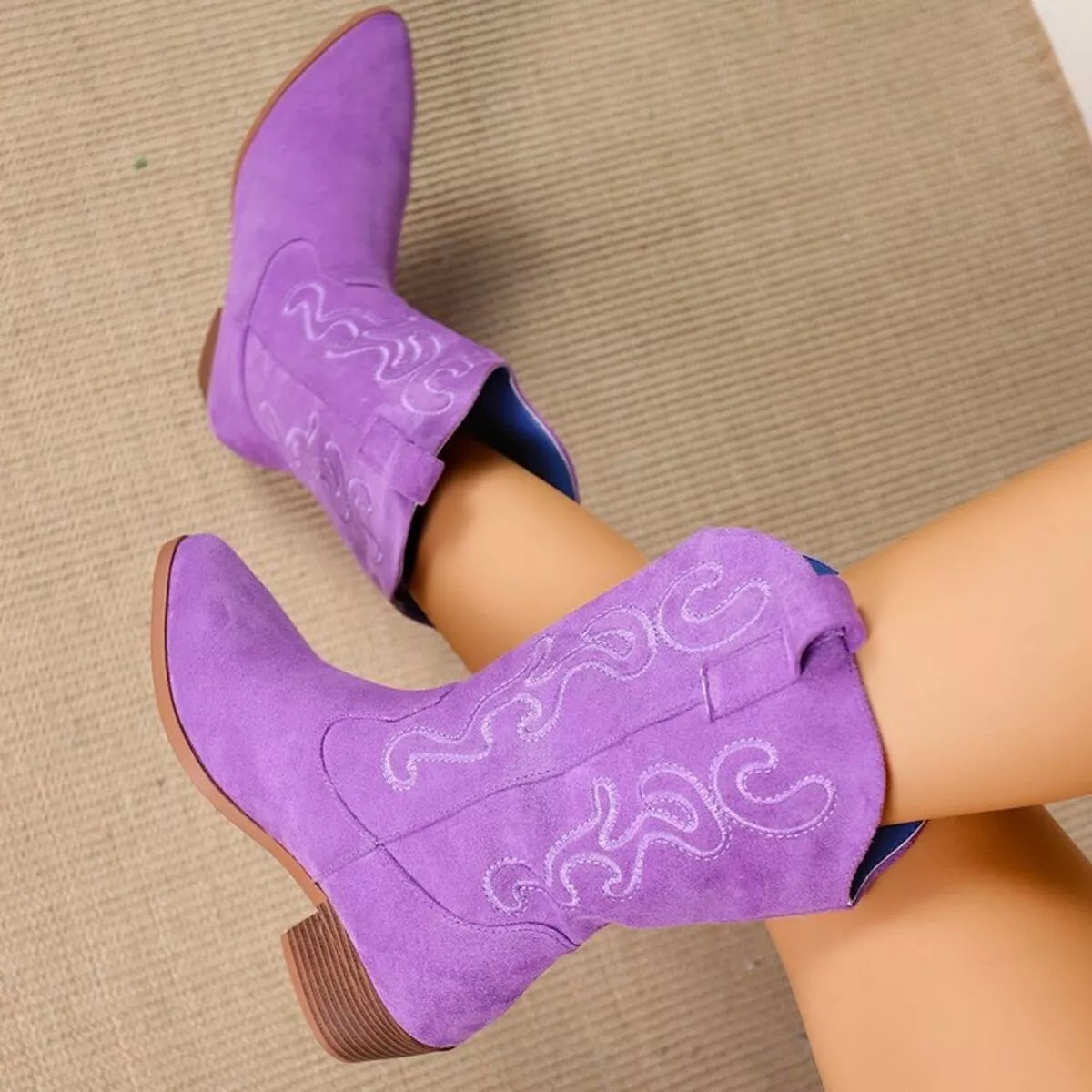 Point Toe Block Heels Boots Purple / 36 
