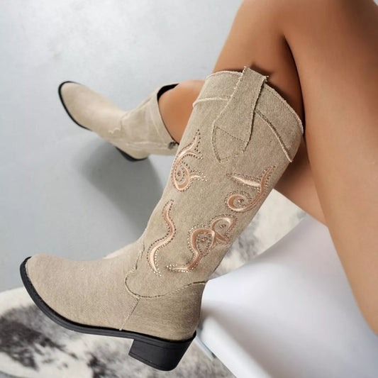 Embroidered Point Toe Block Heels Boots Light Blue / 36 