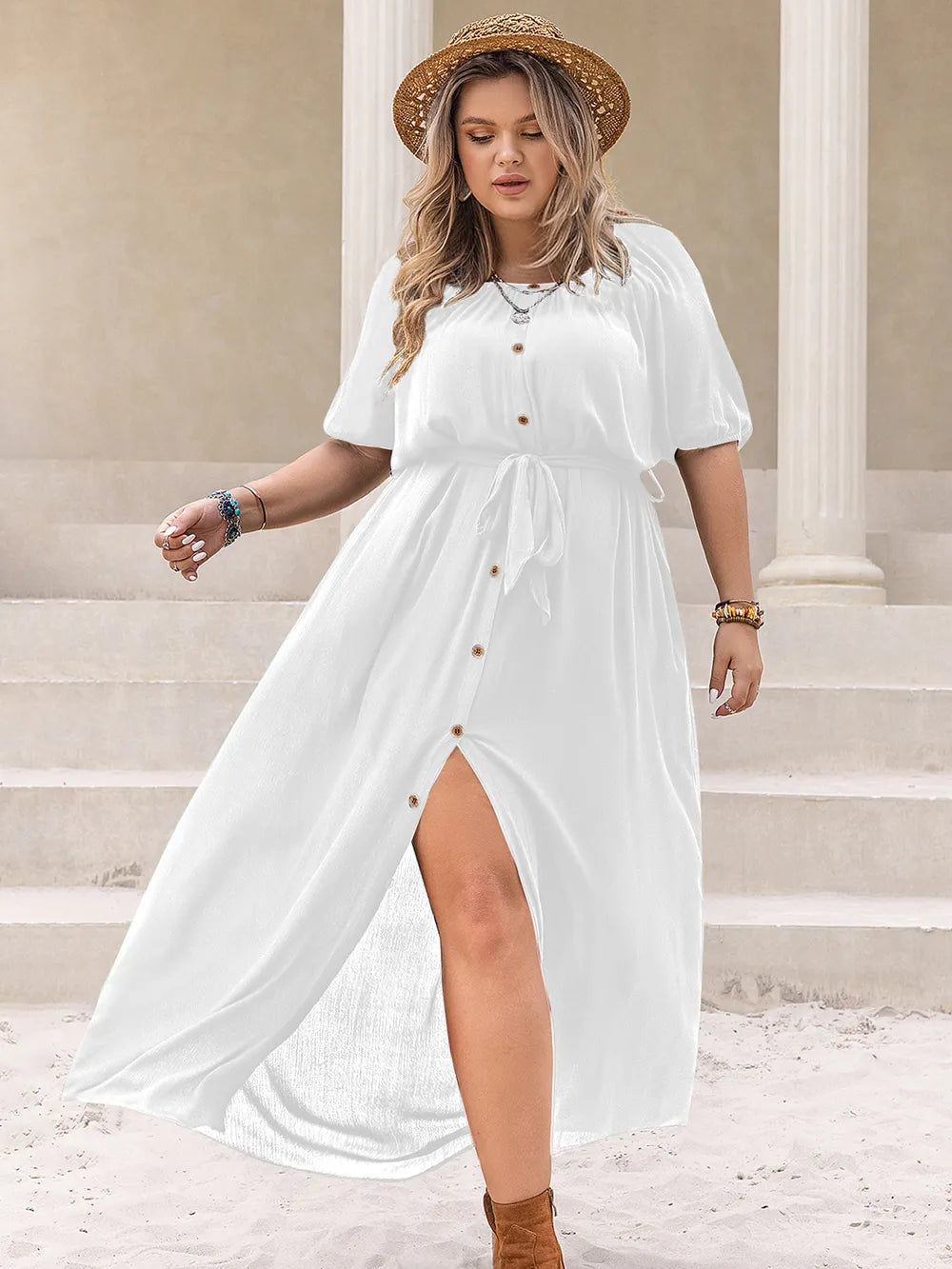 Plus Size Round Neck Half Sleeve Dress Burgundy / 0XL 