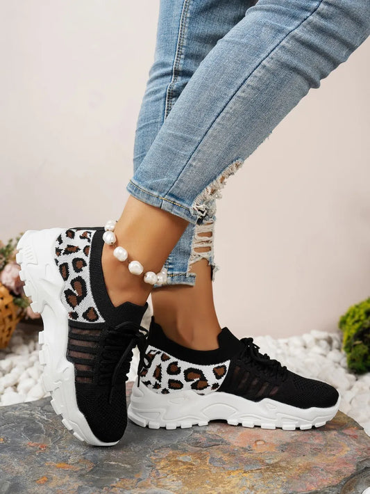 Cutout Leopard Lace Up Mesh Athletic Black / 36(US5) 
