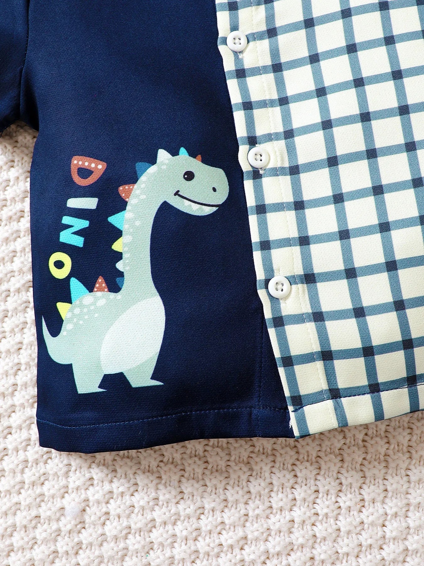Children's Hat Dinosaur Plaid Button Up Top and Shorts 3-Piece Set Dark Navy / 6-9M 