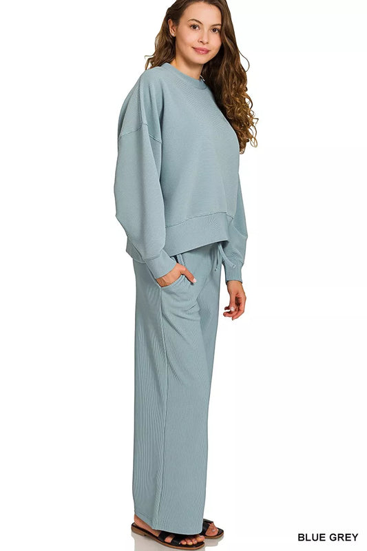 Zenana Ribbed Round Neck Pullover and Drawstring Pants Set BLUE GREY / S 